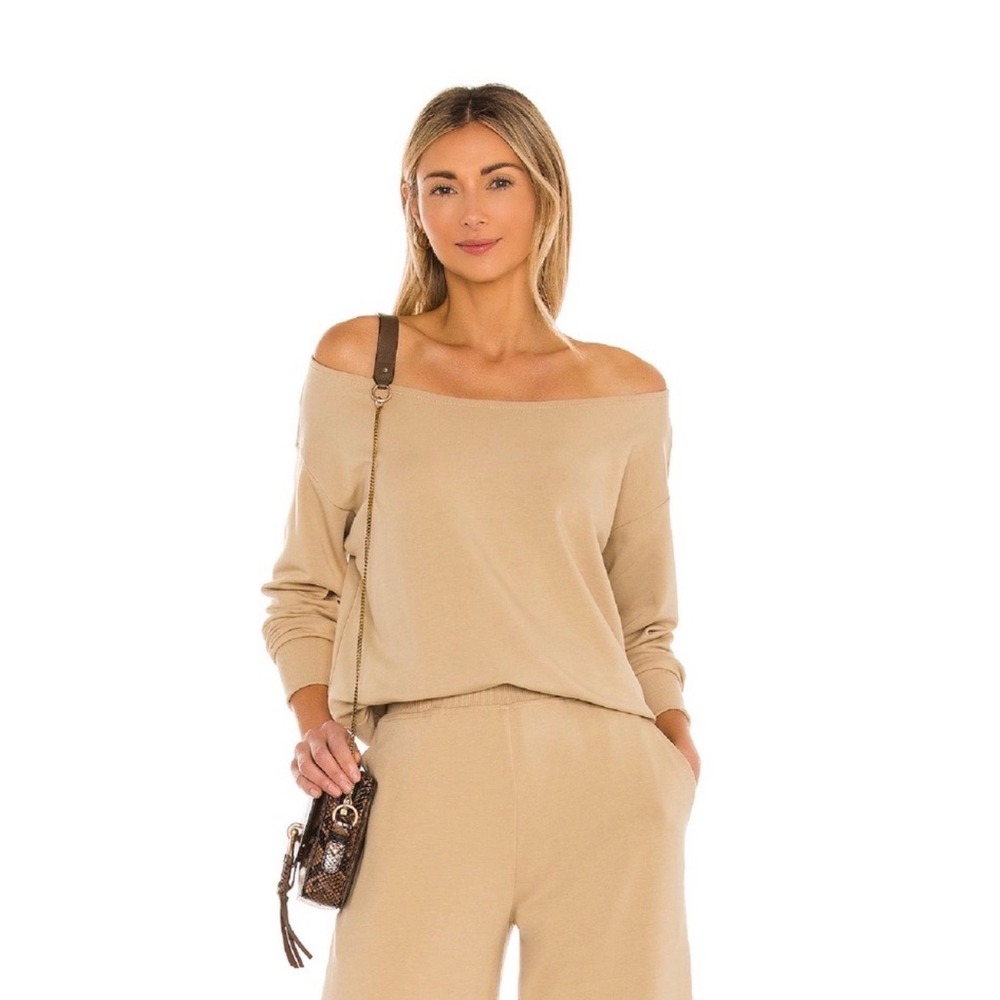 NWT L'Agence Kimora Off The Shoulder Long Sleeve Top Camel Tan Sz XS